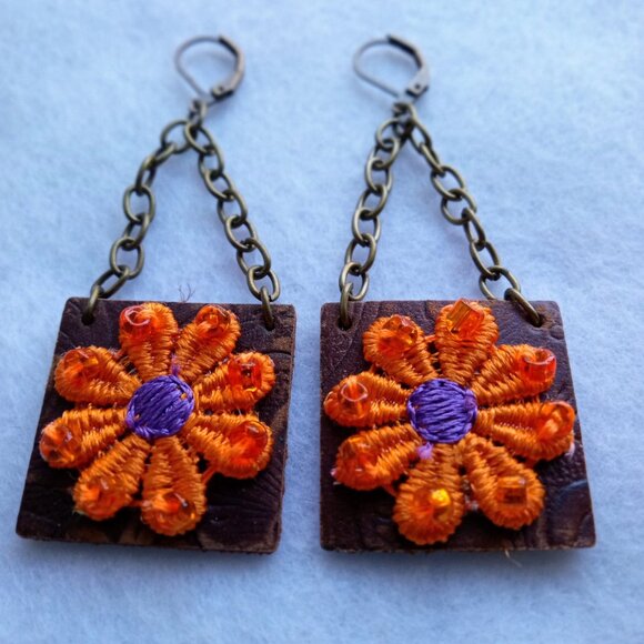 Orange Flower and Leather Earrings - Picture 2 of 2